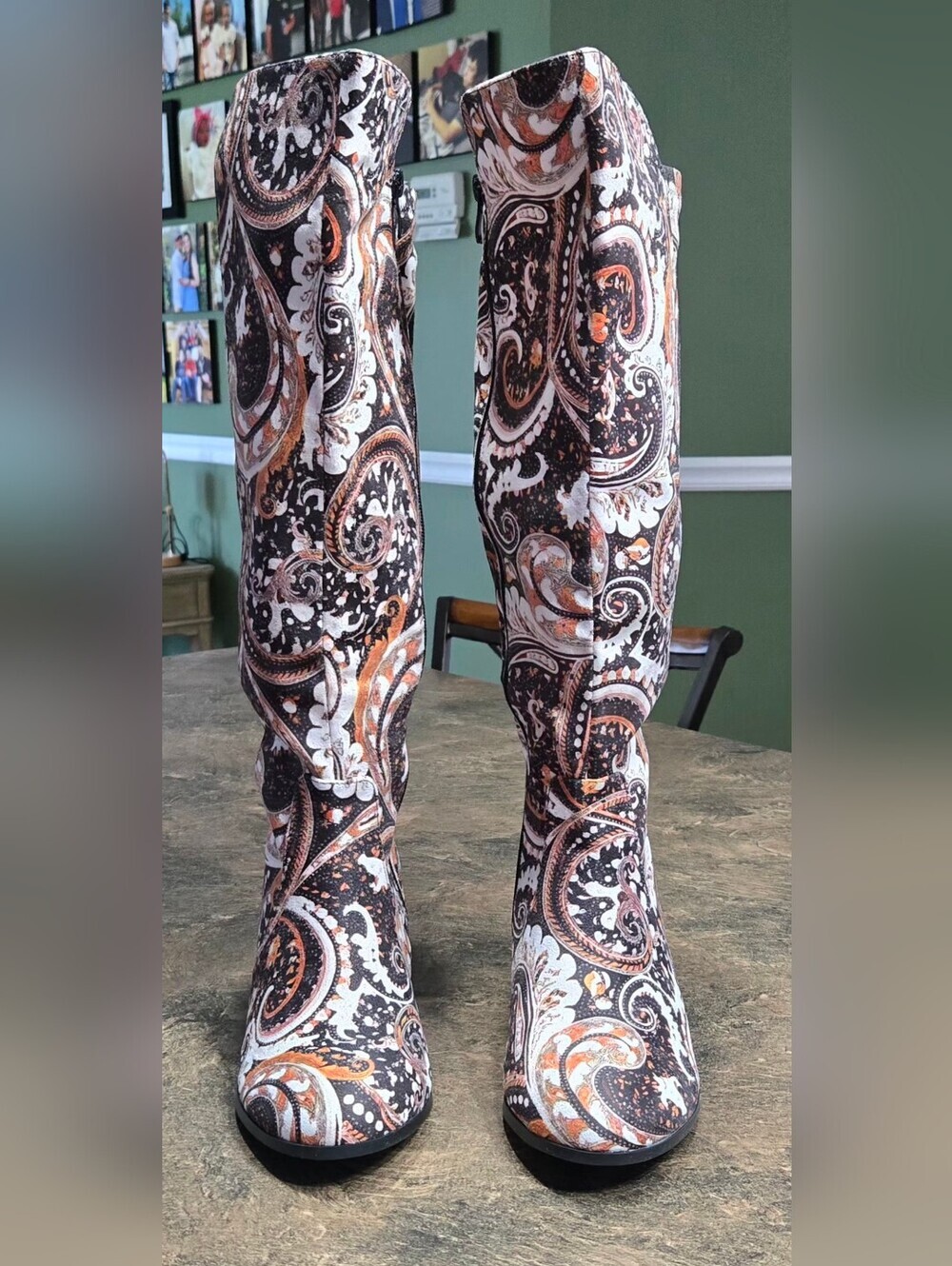 Women's Paisley Pattern Knee-High Heeled Boots #1274